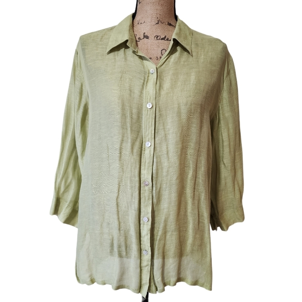 Chico's Silk & Linen Lime Green Button-down Blouse - 2 (12)